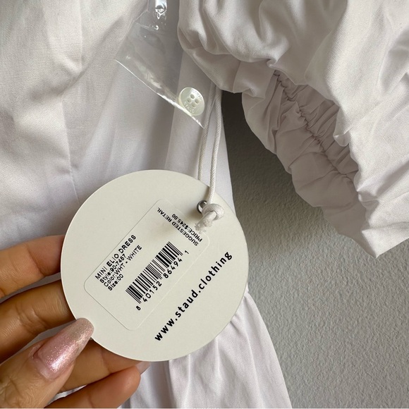 Staud Mini Elio Dress in White / Off The Shoulder Prairie Dress w/ Puffy Sleeves - Picture 12 of 13